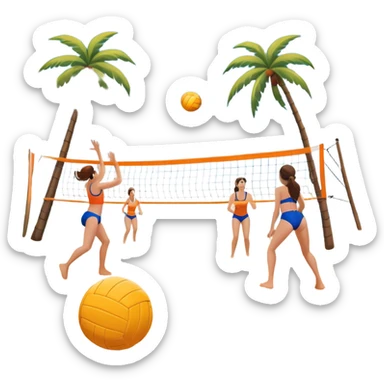 A volleyball resting on the orange sand of a beach, with a volleyball net in the background. The scene includes a beautiful beach landscape with blue sea, sky, and palm trees, while a couple of women in swimsuits play in the distance, capturing the relaxed yet competitive vibe of beach volleyball. sticker