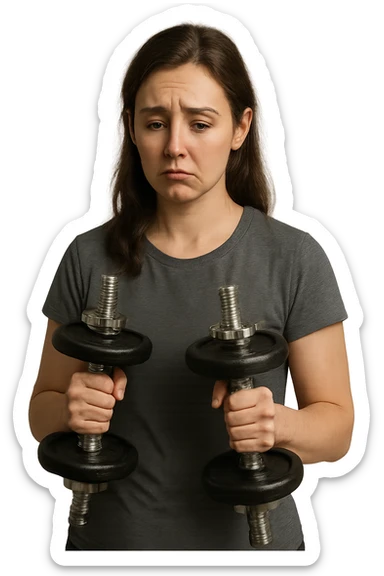 DONNA FITNESS CON MANUBRI DA PALESTRA IN MANO ED ESPRESSIONE TRISTE sticker