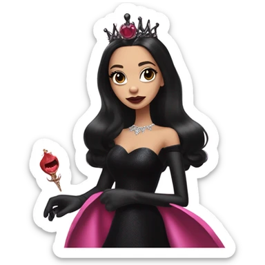 low cut back silk black evening gown with see-through gloves, Jenna Ortega as Addams woman prom queen wearing a mini tiara, very large blood  pink evil-looking horned old dragon companion sticker