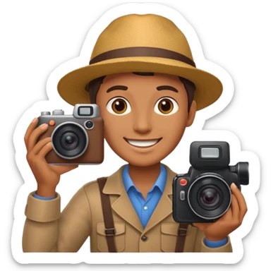 create a photographer under a mountain of cameras sticker