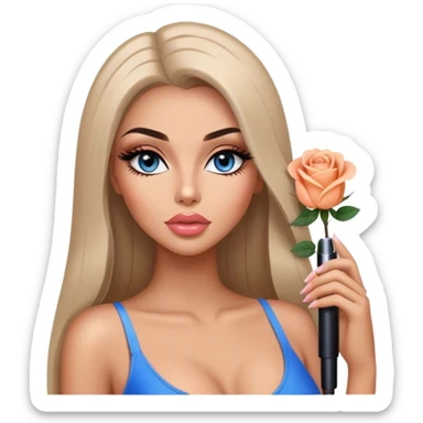 Glamours, tanned, very beautiful girl, with big pump peach-beige-rose lips, long long lashes, black straight smooth silky long hair, straight parting hair, blue-grey eyes sticker