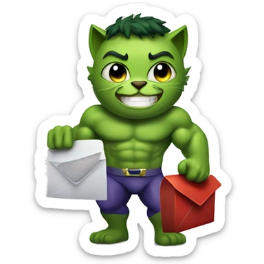 Superhero hulk cat, smiling and holding a mailbox sticker