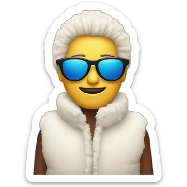 smile emoji wearing big sunglasses in white furry fleece vest sticker