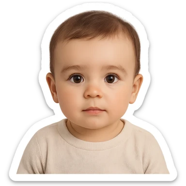 one year old baby with short brown hair, large brown eyes with eyelashes, brown eyebrows, pink lips, transparent background sticker