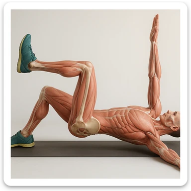 Edit the image of a man in dead bug position, side view, hyperrealistic anatomical 4K version: the arm on the ground is fully extended above the head, pelvis and spine bones visible, translucent muscles and skin, medical atmosphere, realistic anatomical details. Variant 5, slightly change the position of the torso. sticker