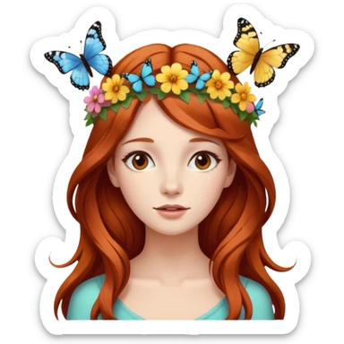 Woman with long flowing auburn hair wearing a flower crown with butterflies in it sticker