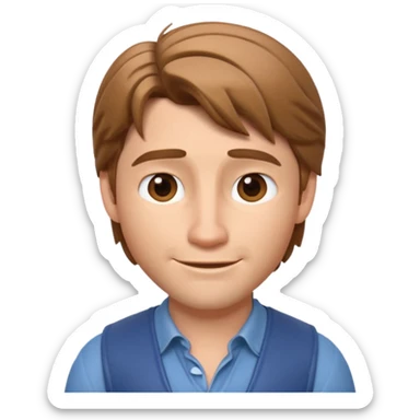 3D Apple-style emoji of Flynn Rider: fair skin, light brown hair, raised eyebrow, charming smile, playful confident look. sticker