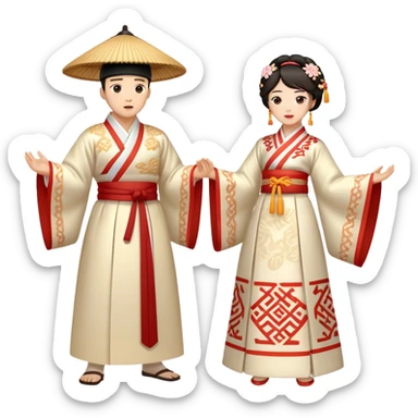 Cinematic Realistic scene of two performers engaging in Ganggangsullae, dressed in traditional Korean costumes with intricate patterns and graceful movements, illuminated by soft, festive lighting that accentuates the cultural ambiance sticker