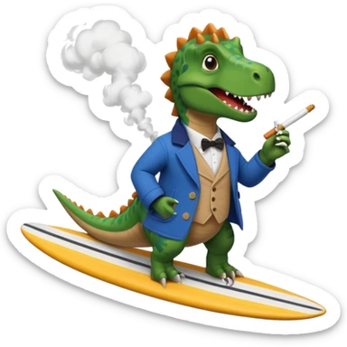 dinosual smokig a ciggerett while surfing wearing designer coat sticker