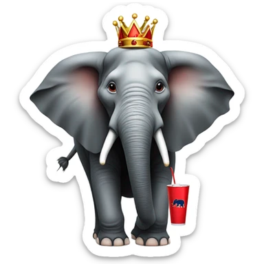Elephant with a crown and red shirt holding a Red Bull drink sticker