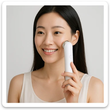 Korean woman using a beauty device, modern and clean feeling, smiling sticker