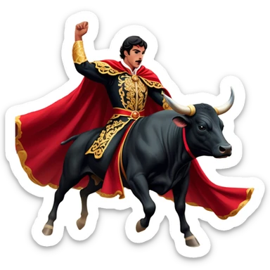 ​Cinematic Realistic Spanish Matador in Action, depicted in an ornate traje de luces with a flowing red cape, captured in the dramatic moment of confronting a charging bull in a traditional bullring, rendered with dynamic motion and dramatic lighting that encapsulates the intensity and artistry of the spectacle, sticker