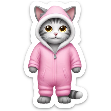 Grey and white cat wearing a pink snowsuit sticker
