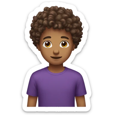 boy with mid fade and curly Brown hair, brown yes, purple t-shirt sticker
