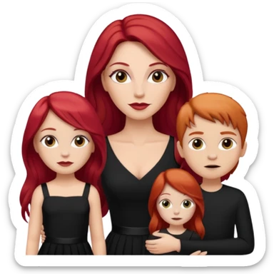 White woman in black dress with long red hair and makeup with two kids in beige  sticker