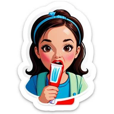 Girl with toothpaste on her lips. Whipping it off sticker