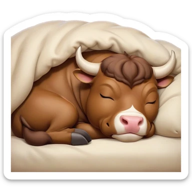 meme-worthy-cute-sleeping-domestic-bull-portrait-emoji,-head-resting-peacefully-with-a-contented-smile,-showcasing-a-robust,-muscular-build-and-a-luxuriously-soft-coat,-eyes-gently-closed-in-serene,-restful-slumber,-simplified,-solid-brown sticker