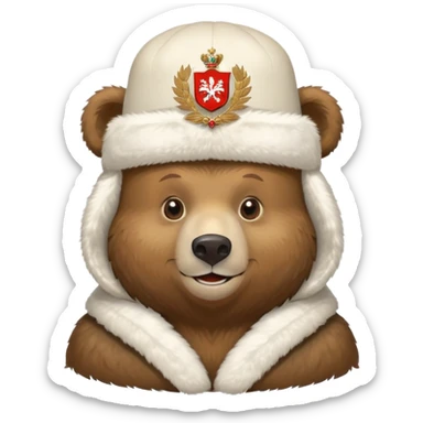 Russian brown bear wearing a white furry ushanka hat with Russian coat of arms emblem in the center, front view, iOS emoji style sticker