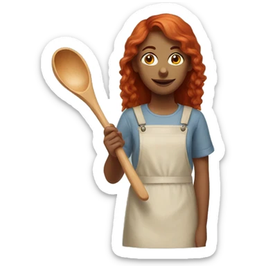 young red head woman holding 2 meter long wooden spoon sticker