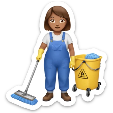 old and fat women, brown hair, Custodian with yellow rubber gloves, white T-shirt, blue overalls, mopping floor sticker