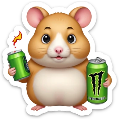 Funny cartoon-style fat hamster wide eyed holding a can of monster energy in one hand and redbull in the other hand sticker