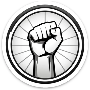 Round emblem symbolizing martial arts with a bold fist facing forward in the center. The fist is surrounded by dynamic lines representing movement and power. The design conveys strength, focus, and precision, with a minimalist background emphasizing the combat spirit. Transparent background. sticker