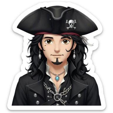 A charismatic pirate with wavy black hair tousled. His black tricorn hat, embroidered with silver. Dark eyes glint with mischief as he gazes to the side, a knowing smile on his lips. His fitted black coat, adorned with silver buttons. A silver chain dangles from his belt sticker