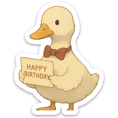 duck with bowtie holding birthday card, soft Ghibli style sticker