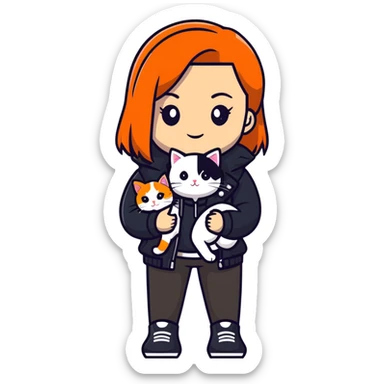 Light-skinned girl with brown straight hair wearing a black jacket, holding one pure white cat and one calico cat with orange black patches sticker
