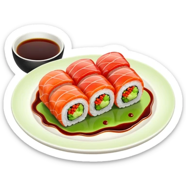 sushi roll on plate with green wasabi blob and small red chili sticker