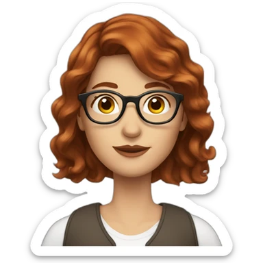 Woman; caucasian; round transparent glasses; dark redhead; long hair; wave hair sticker
