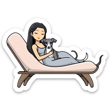 Very thin Chinese woman with long black hair relaxing on a spa lounger with exactly ONE Italian greyhound. CRITICAL REQUIREMENT: the dog must be ONE SOLID VERY DARK CHARCOAL GREY (almost black-grey) COLOR from nose to tail with NO WHITE or LIGHT AREAS anywhere - NO white face, NO white muzzle, NO white chest, NO white paws, NO white tail tip - NOTHING BUT A SINGLE SHADE OF VERY DARK GREY throughout the entire animal sticker