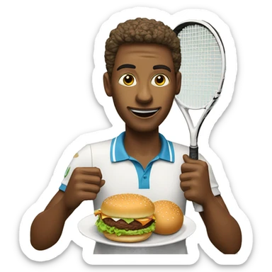 "A tennis player is holding a racket and eating a burger." sticker