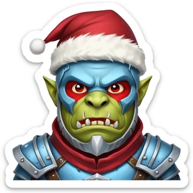 
Fantasy Christmas orc legion soldier icon, iron tundra army theme, heavy winter armor, disciplined brutal look, icy blue steel armor with deep crimson accents, frozen metal texture, cold winter atmosphere, male variant sticker