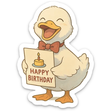 laughing duck with bowtie holding birthday card, flawless and visually perfect, no imperfections, soft Ghibli style sticker