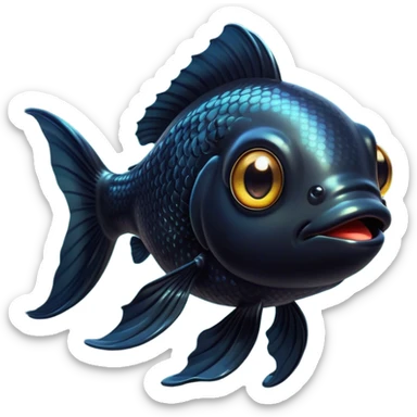 Cinematic Cute Black Goldfish Portrait Emoji, Head tilted playfully and inquisitively, featuring a glossy, deep black body with shimmering scales and round, sparkling golden eyes filled with curiosity, Simplified yet irresistibly adorable features, highly detailed, glowing with a warm, friendly glow, high shine, affectionate and lively, stylized with a touch of whimsy, bright and endearing, soft glowing outline, capturing the essence of a mischievous yet loving goldfish, so playful it feels like it could swim out of the screen and into your heart! sticker