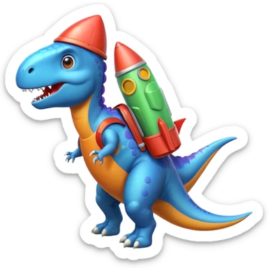 cute toy-like rocket-propelled dinosaur, rounded shapes, glossy texture, colorful rocket backpack, happy expression, 3D cartoon, mobile game icon style, clean background, no text, no watermark
 sticker