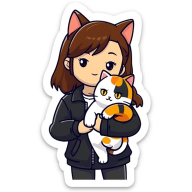 Light-skinned girl with brown straight hair wearing a black jacket, with one pure white cat with yellow eyes and one calico cat with orange black and white patches sticker