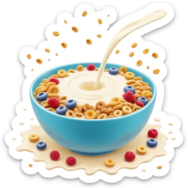 Cinematic crunchy cereal, vibrant and colorful, splashing into a bowl of cold milk, soft glowing background, dynamic movement, playful and inviting, nostalgic and fun. sticker