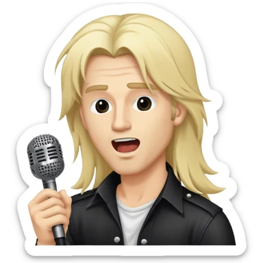 close up side view head of a male blond hard  rock singer with long hair singing into microphone sticker