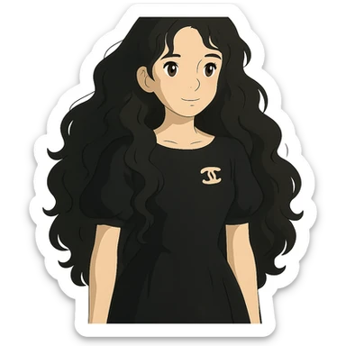 light skin girl with black very long curly hair, brown eyes, wearing a black Chanel dress, in ghibli style sticker