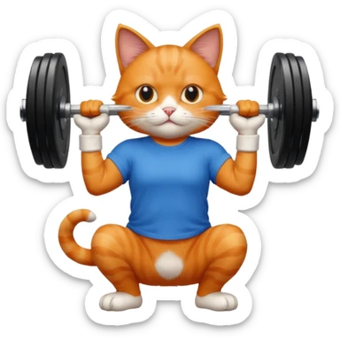 Un gatito con remera azul haciendo pesas  sticker