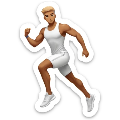 Masculine silhouette with athletic wear, surrounded by transformative energy aura, dynamic style essence with floating fashion elements sticker