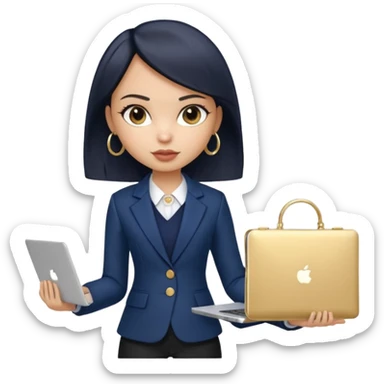 a pretty bratz girl with straight black short hair wearing a dark blue blazer and carrying a laptop. gold small hoops sticker