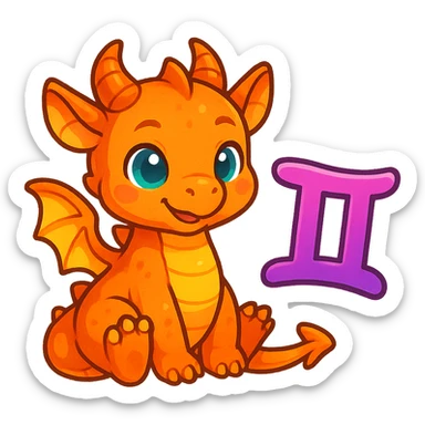 a small dragon and Gemini glyph together, vibrant emoji style, colorful, cute sticker