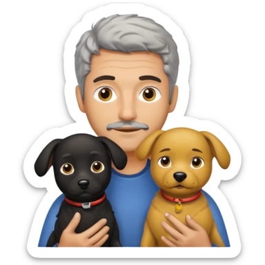 Italian man with salt and pepper hair holding one black dog and one yellow dog sticker