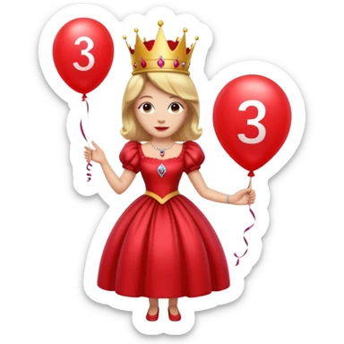queen wearing dress, holding balloon in shape of number 3 sticker