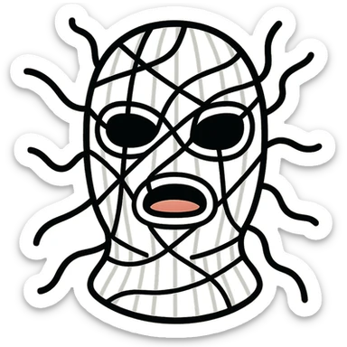 The mask is a full-head, white knitted balaclava with a tight ribbed texture. It features two asymmetrical eye openings and a partially exposed mouth area. Black thread is stitched across the surface in chaotic, abstract lines that trace facial features, giving a hand-drawn effect. Several black cords extend outward from the mask, varying in length and direction, adding a sculptural, almost organic appearance. The overall look is bold, handcrafted, and visually striking. sticker