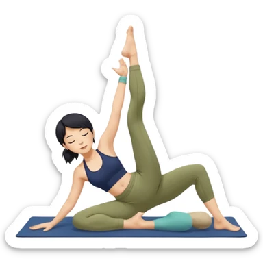 키는 작은편이고 앞머리 없는 단발머리야. 옆머리는 있고 요가를 좋아해. 남색 홀터넥을 많이 입고 민트색 요가바지를 자주 입어. 머리색은 검정색이고 하타요가를 좋아해. 바지색은 연한 연두색이고 요가매트는 카키색이야. 시르사파다 자세를 하고 있어. sticker