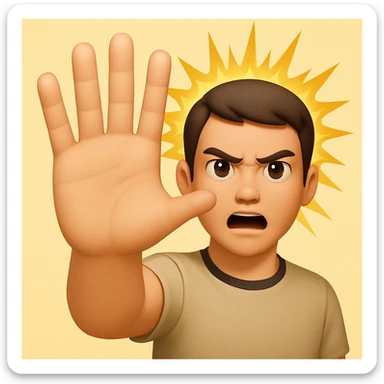 Make the arm fully outstretched toward the viewer so it is not visible behind the hand. The open palm hand should take up even more space, dominating the image. Keep the wrathful, destructive facial expression and lightning blasts in the background in the style of apple style emojis. sticker